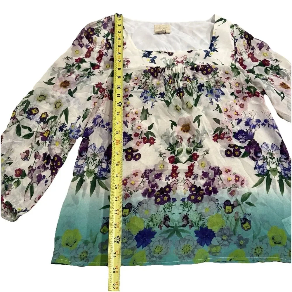Vanessa Virginia Anthropologie Top Sz M Medium 8 Green Silk Blouse Floral Ombre